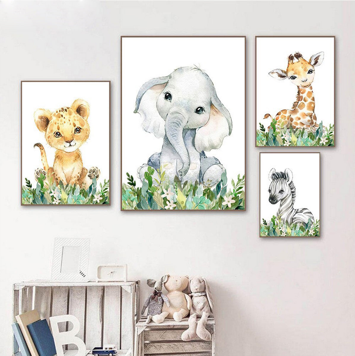 TPFLiving Poster Leinwand / Giraffe, Löwenbaby, Elefant und Zebra für Kinderzimmer - / Verschiedene Größen - OHNE Rahmen - Modell A