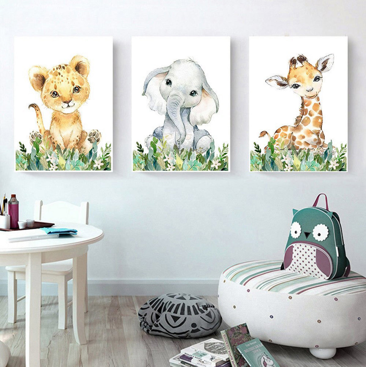 TPFLiving Poster Leinwand / Giraffe, Löwenbaby, Elefant und Zebra für Kinderzimmer - / Verschiedene Größen - OHNE Rahmen - Modell A