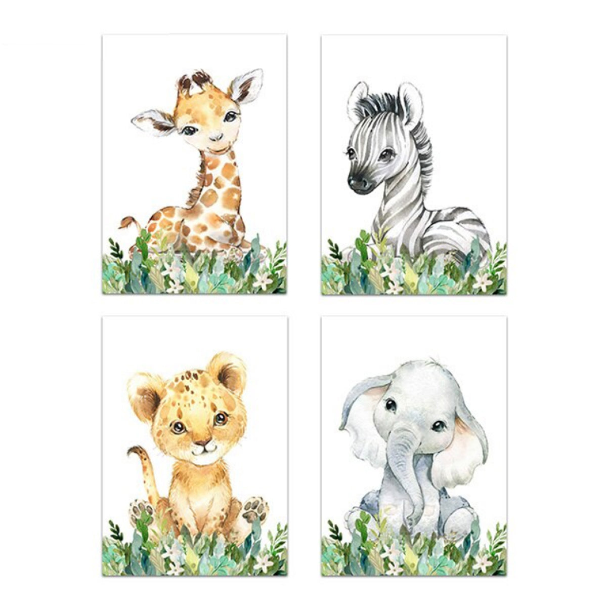 TPFLiving Poster Leinwand / Giraffe, Löwenbaby, Elefant und Zebra für Kinderzimmer - / Verschiedene Größen - OHNE Rahmen - Modell 4pcs