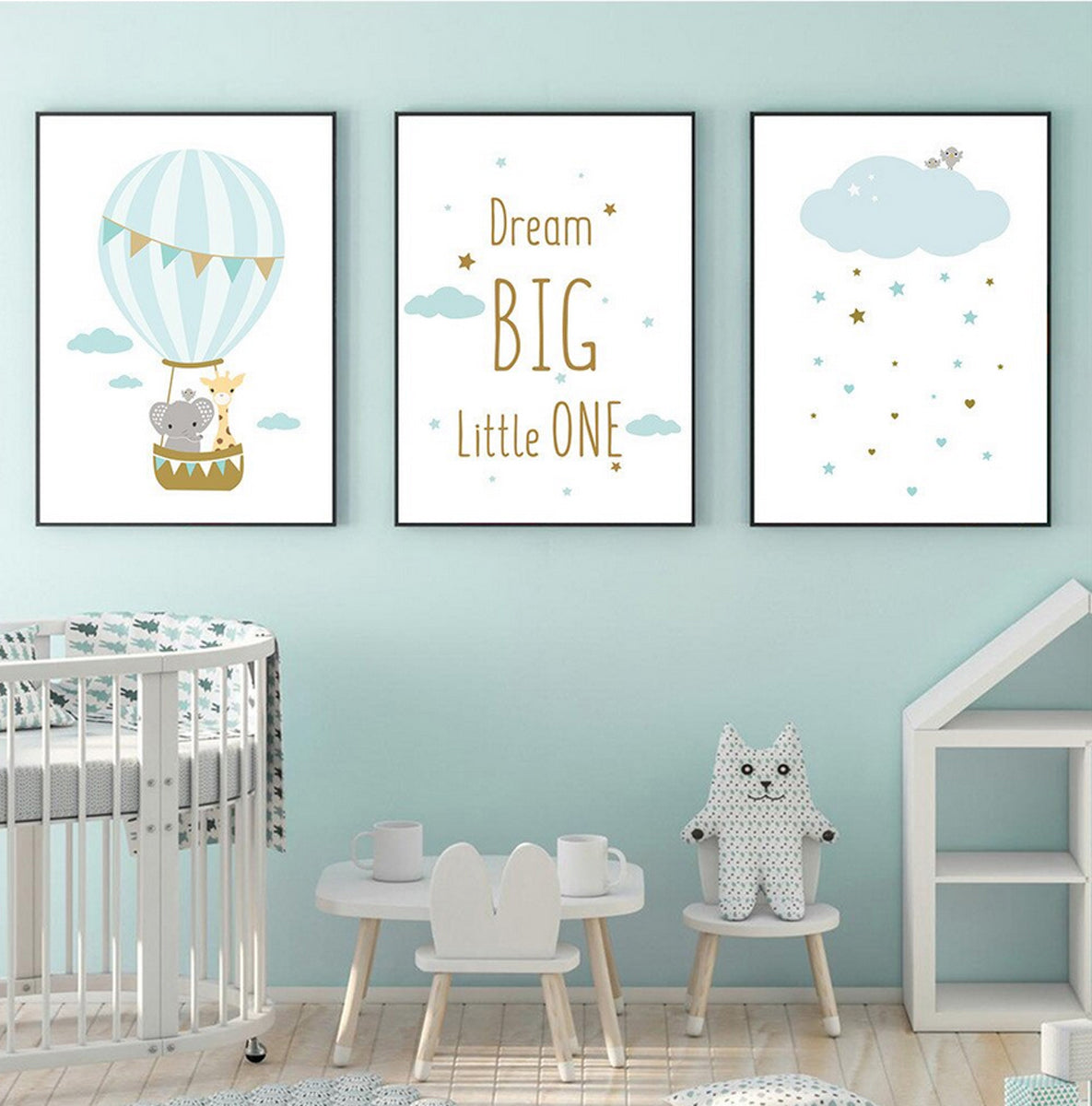 TPFLiving Poster Leinwand / Dream big little one Heißluftballon mit Elefant und Giraffe - / Verschiedene Größen - OHNE Rahmen - Modell 3PCS