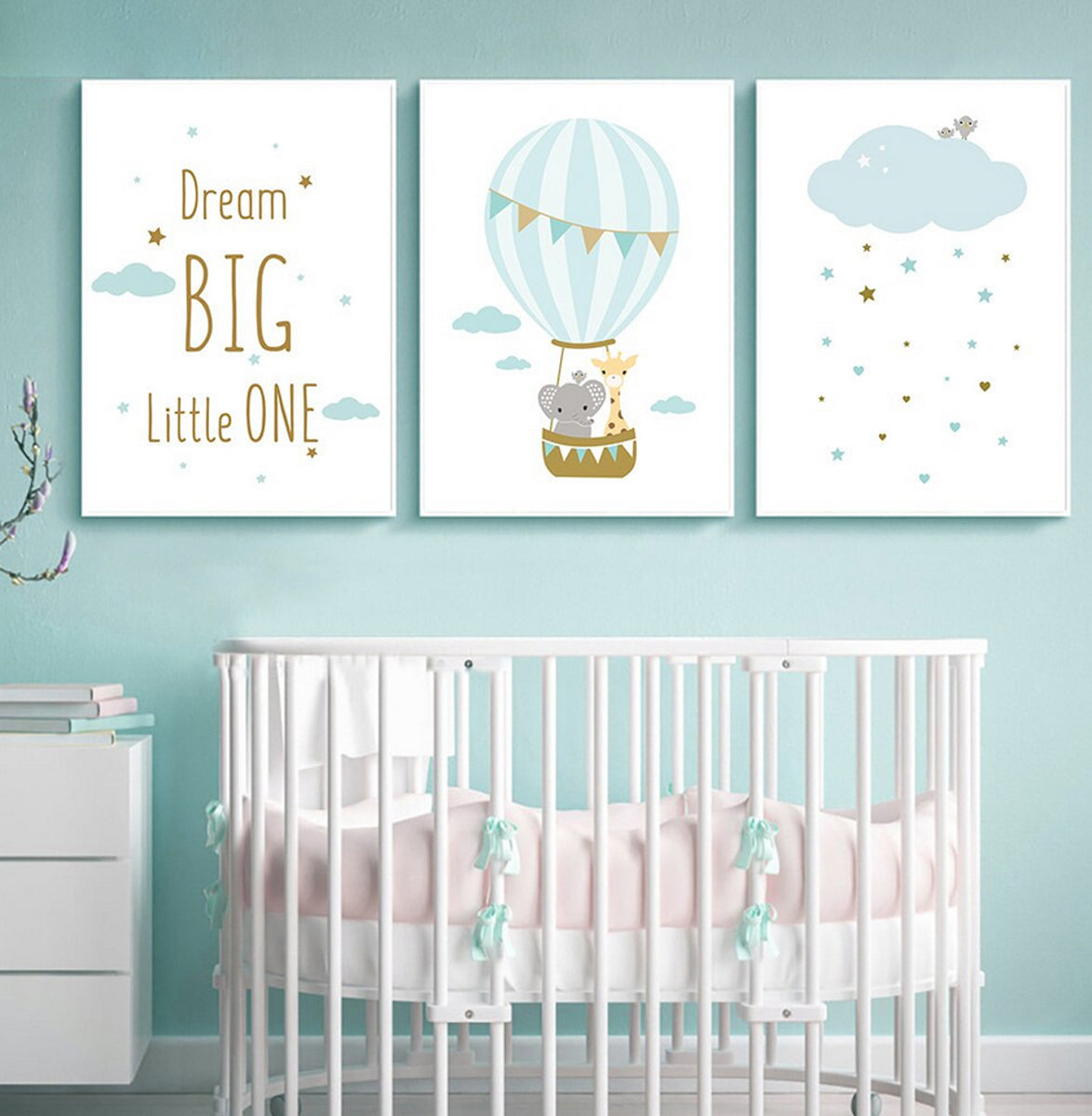 TPFLiving Poster Leinwand / Dream big little one Heißluftballon mit Elefant und Giraffe - / Verschiedene Größen - OHNE Rahmen - Modell 3PCS