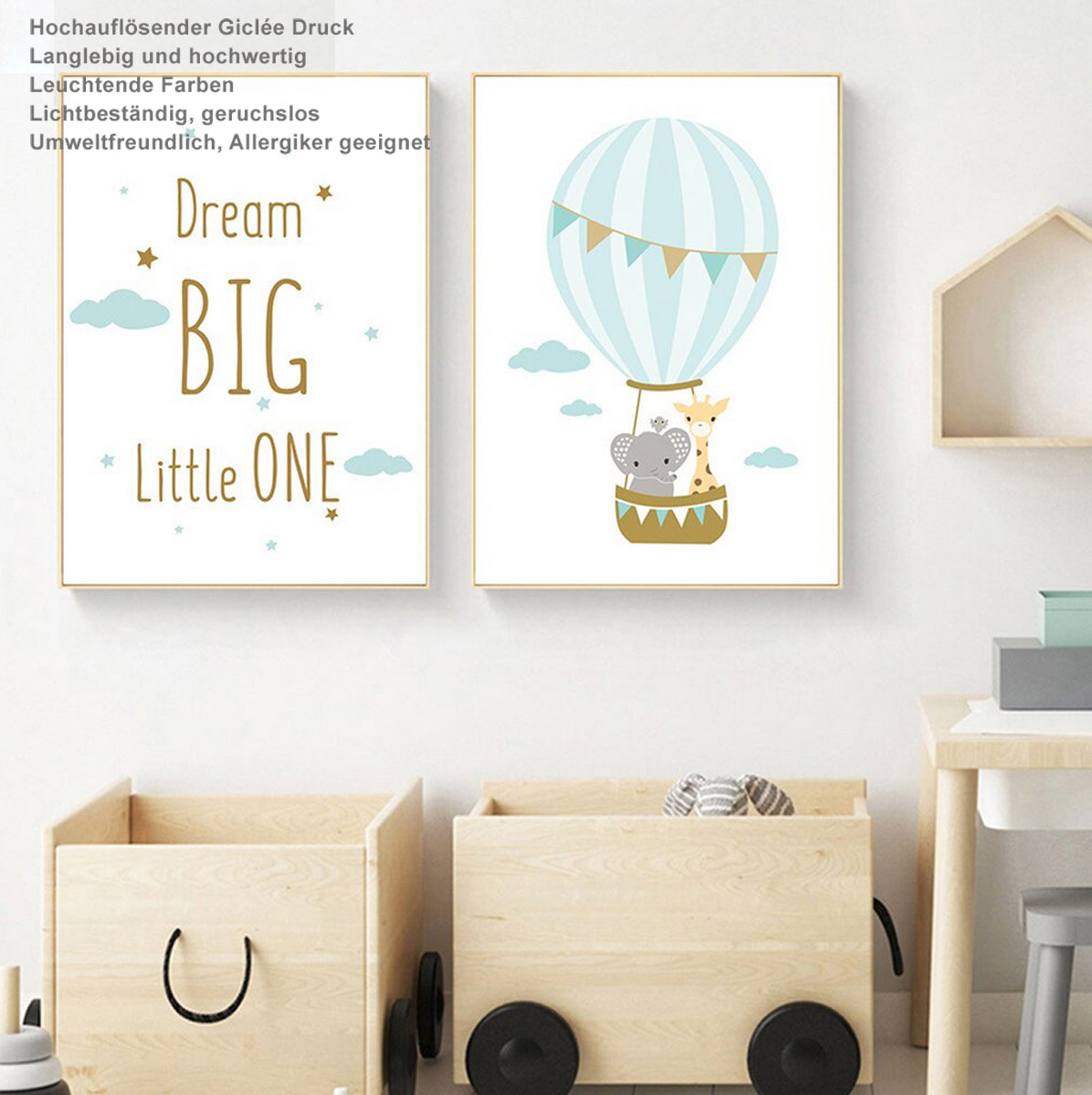 TPFLiving Poster Leinwand / Dream big little one Heißluftballon mit Elefant und Giraffe - / Verschiedene Größen - OHNE Rahmen - Modell 3PCS