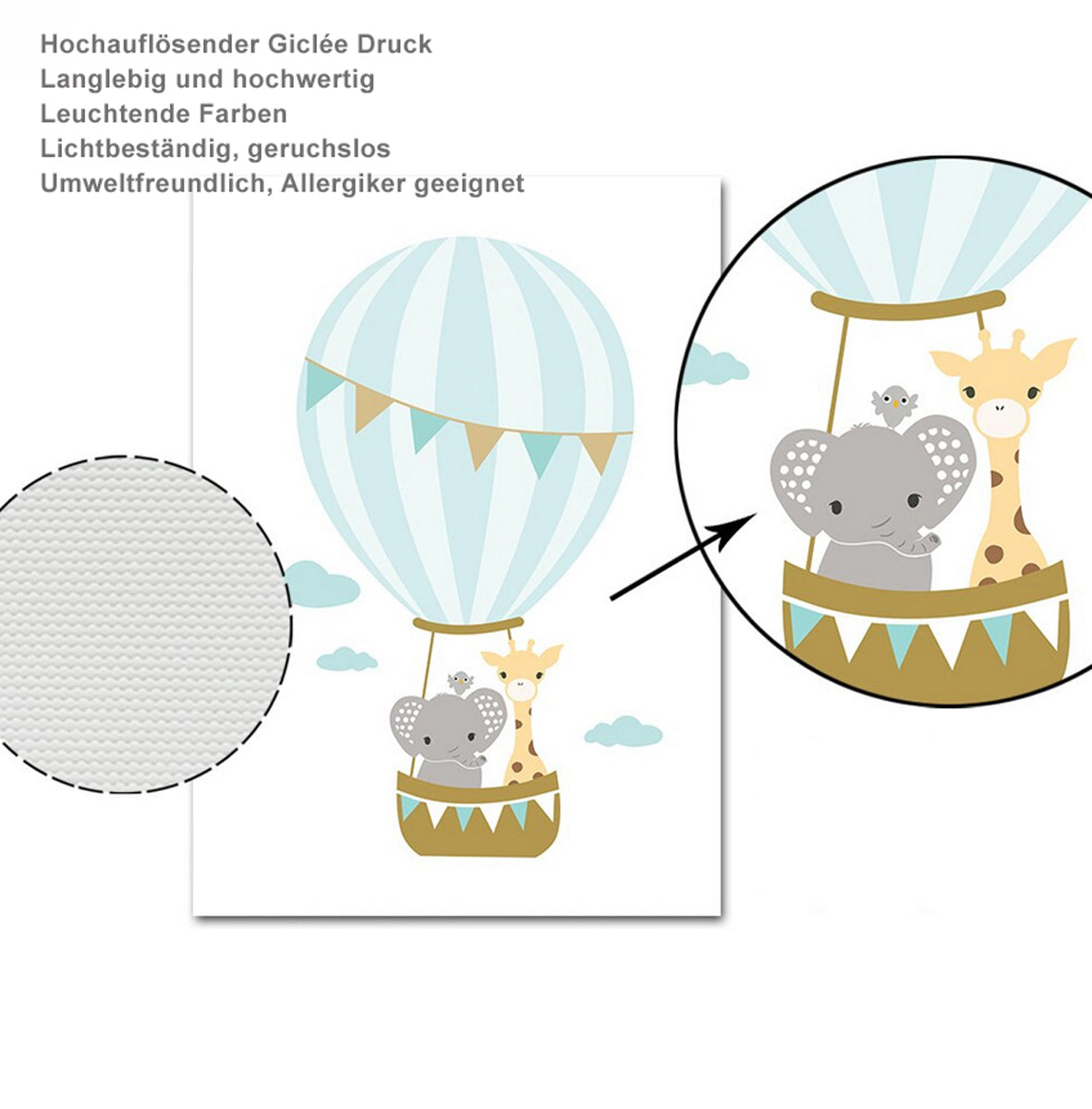 TPFLiving Poster Leinwand / Dream big little one Heißluftballon mit Elefant und Giraffe - / Verschiedene Größen - OHNE Rahmen - Modell 3PCS