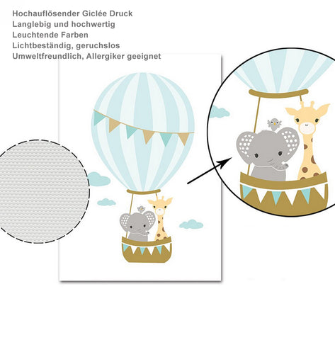 TPFLiving Poster Leinwand / Dream big little one Heißluftballon mit Elefant und Giraffe - / Verschiedene Größen - OHNE Rahmen - Modell 3PCS