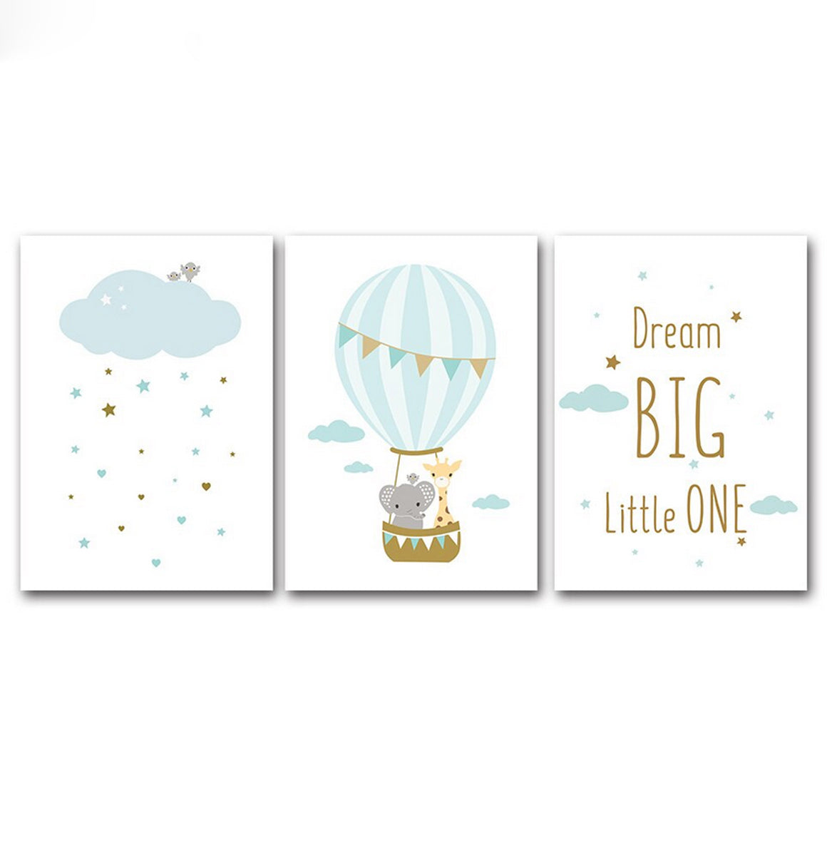 TPFLiving Poster Leinwand / Dream big little one Heißluftballon mit Elefant und Giraffe - / Verschiedene Größen - OHNE Rahmen - Modell 3PCS