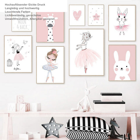 TPFLiving Poster Leinwand / Ballet Mädchen, Herz, Giraffe, Kaninchen für Kinderzimmer - / Verschiedene Größen - OHNE Rahmen - Modell E