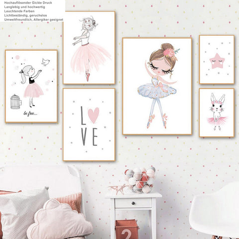 TPFLiving Poster Leinwand / Ballet Mädchen, Herz, Giraffe, Kaninchen für Kinderzimmer - / Verschiedene Größen - OHNE Rahmen - Modell F