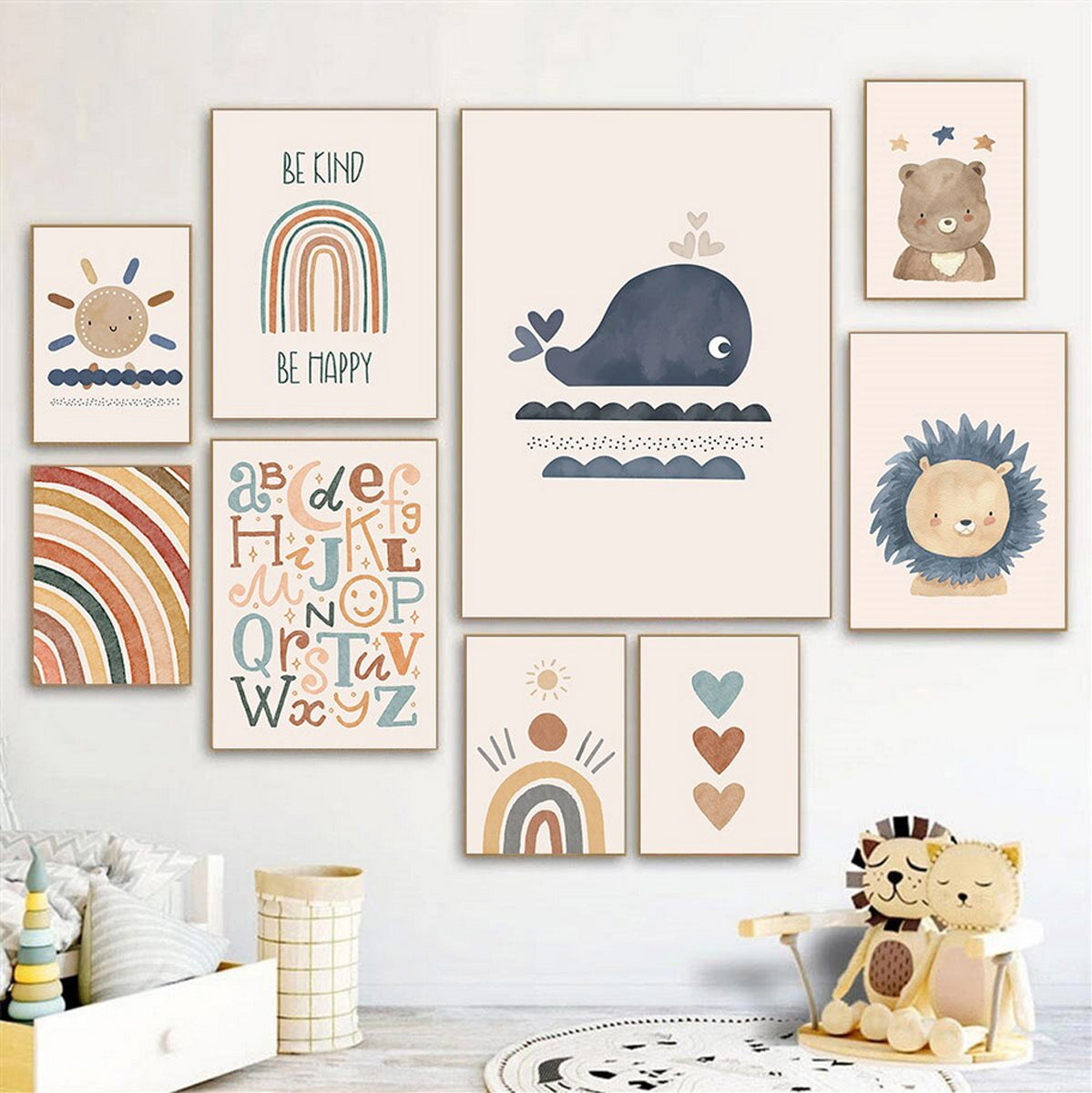 TPFLiving Poster Canvas / Rainbow, Heart, Lion, Bear, Whale, Sun