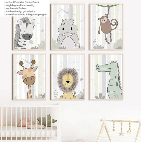 TPFLiving Poster Leinwand / Löwe, Zebra, Nilpferd, Affe, Dinosaurier, Giraffe für Kinderzimmer - / Verschiedene Größen - OHNE Rahmen - Modell h641