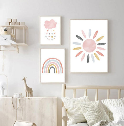 TPFLiving Poster Leinwand / Sonne, Wolken, Herzen, Regenbogen für Kinderzimmer - Auch im 3er Set / Verschiedene Größen - OHNE Rahmen - Modell k4230-k4231-k4236