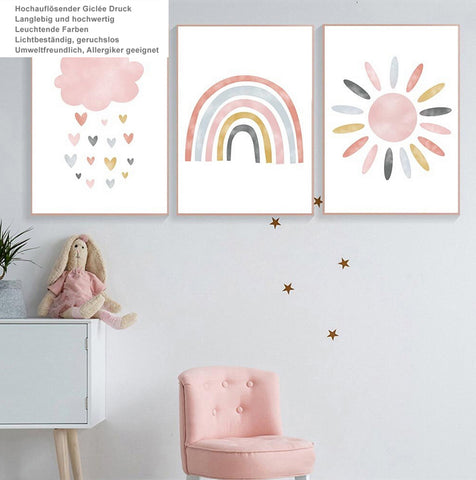 TPFLiving Poster Leinwand / Sonne, Wolken, Herzen, Regenbogen für Kinderzimmer - Auch im 3er Set / Verschiedene Größen - OHNE Rahmen - Modell k4230-k4231-k4236