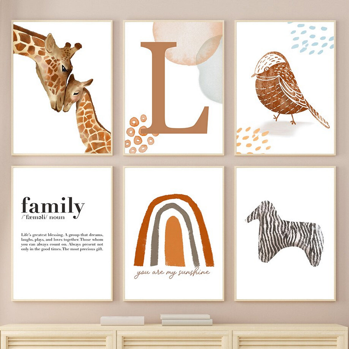 TPFLiving Poster Leinwand / Kinderzimmer Bild - Giraffe, Zebra, Vogel, Regenbogen - / Verschiedene Größen - OHNE Rahmen - Modell E