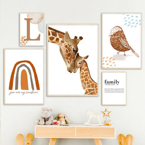 TPFLiving Poster Leinwand / Kinderzimmer Bild - Giraffe, Zebra, Vogel, Regenbogen - / Verschiedene Größen - OHNE Rahmen - Modell E