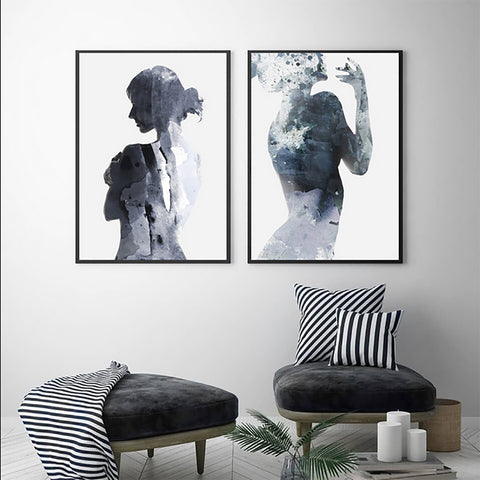 TPFLiving Poster Leinwand / Abstrakte Frau mit Schatten - Farben blau, schwarz, weiß / Verschiedene Größen - OHNE Rahmen - Modell 2PCS