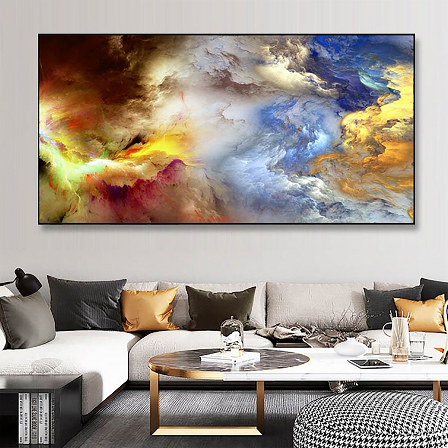 Light Gray Blue Yellow Cloud Abstract Canvas Frames - Canvas Painting Wall  Art Print Poster for Living Room Decoration 70x140cm with Frame