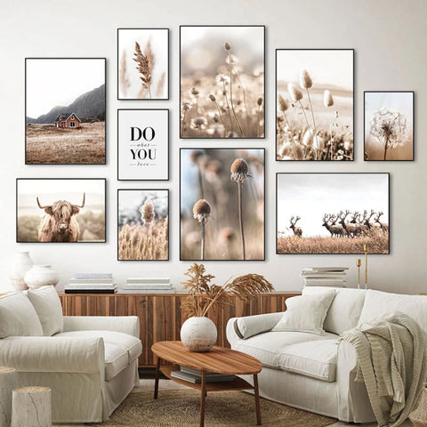 TPFLiving Leinwandbild Kunstdruck - Nordic Art Herbstlandschaft in Braun- und Beige- Tönen - OHNE Rahmen - Bilder Wohnzimmer - Modell TPFL-LW-26-ME