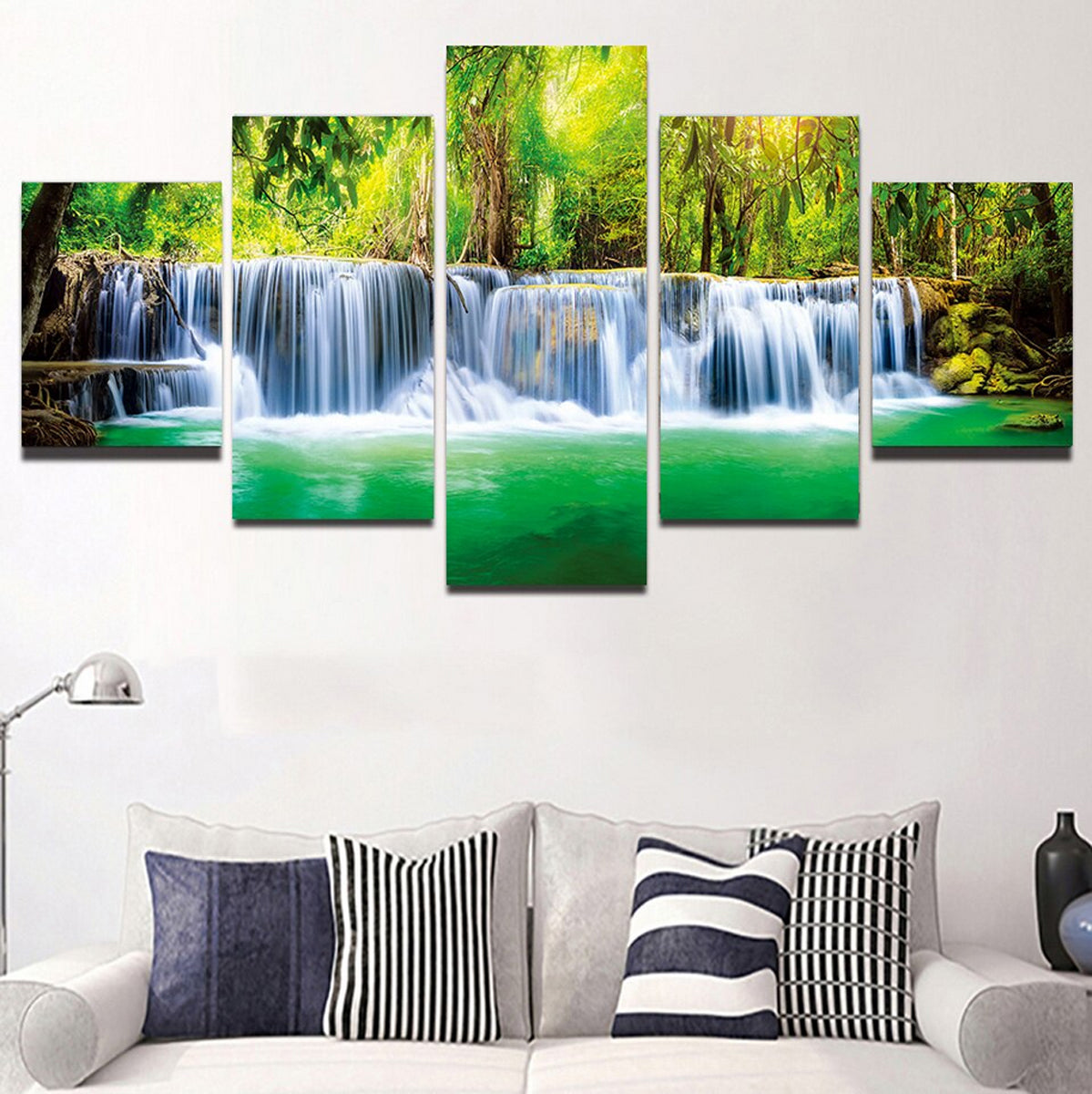 TPFLiving Poster Leinwand / 5 teiliges Wandbild - Wasserfall im Wald / Verschiedene Größen - OHNE Rahmen - Modell Waterfall