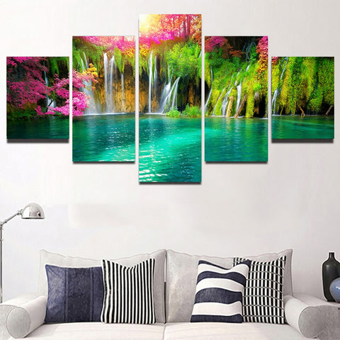 TPFLiving Poster Leinwand / 5 teiliges Wandbild - Wasserfall im Wald / Verschiedene Größen - OHNE Rahmen - Modell Waterfall