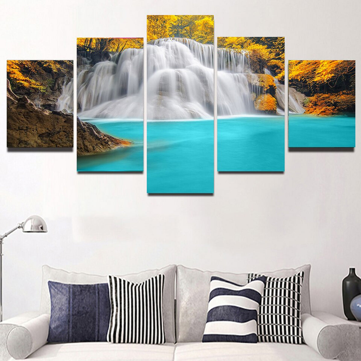 TPFLiving Poster Leinwand / 5 teiliges Wandbild - Wasserfall im Wald / Verschiedene Größen - OHNE Rahmen - Modell Waterfall