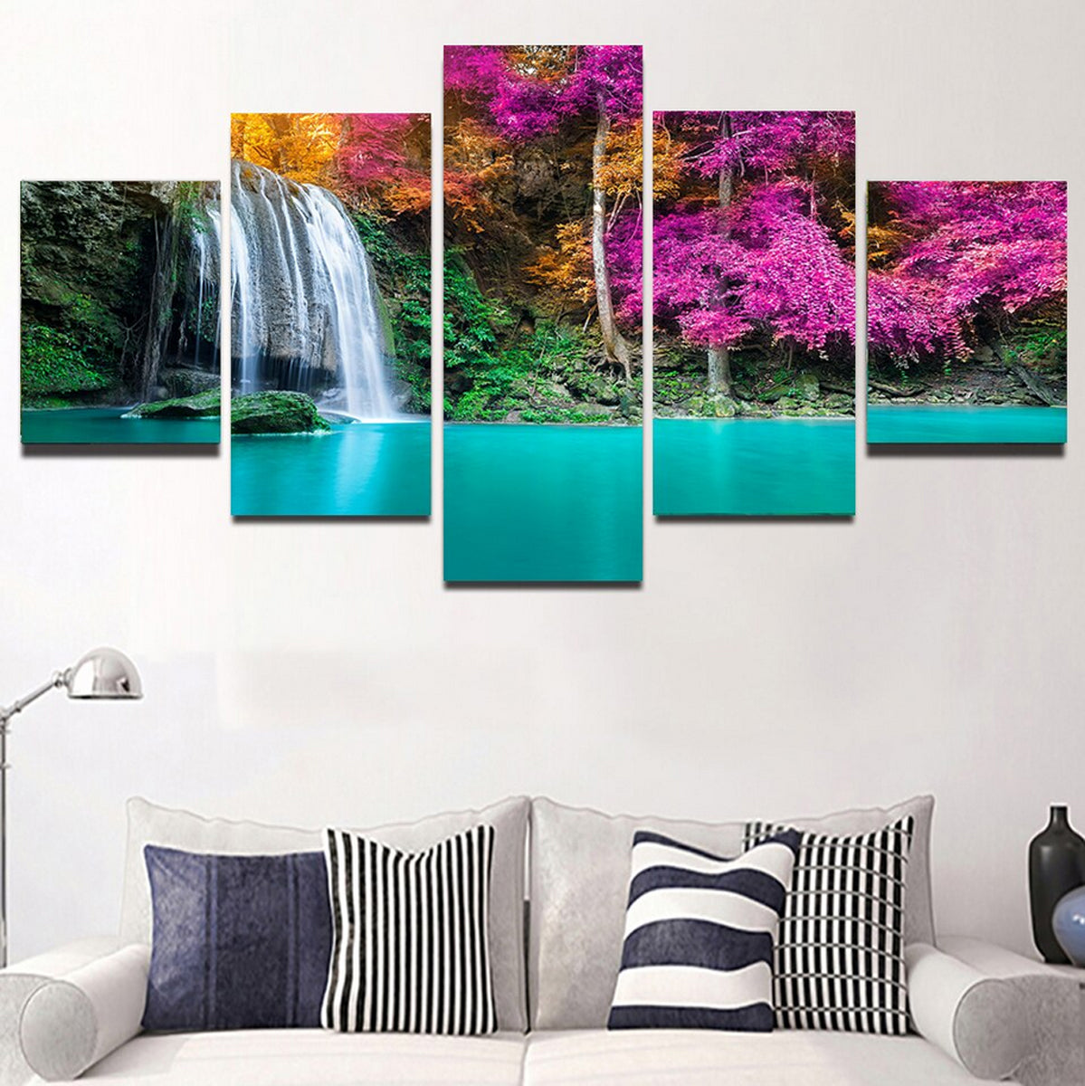 TPFLiving Poster Leinwand / 5 teiliges Wandbild - Wasserfall im Wald / Verschiedene Größen - OHNE Rahmen - Modell Waterfall