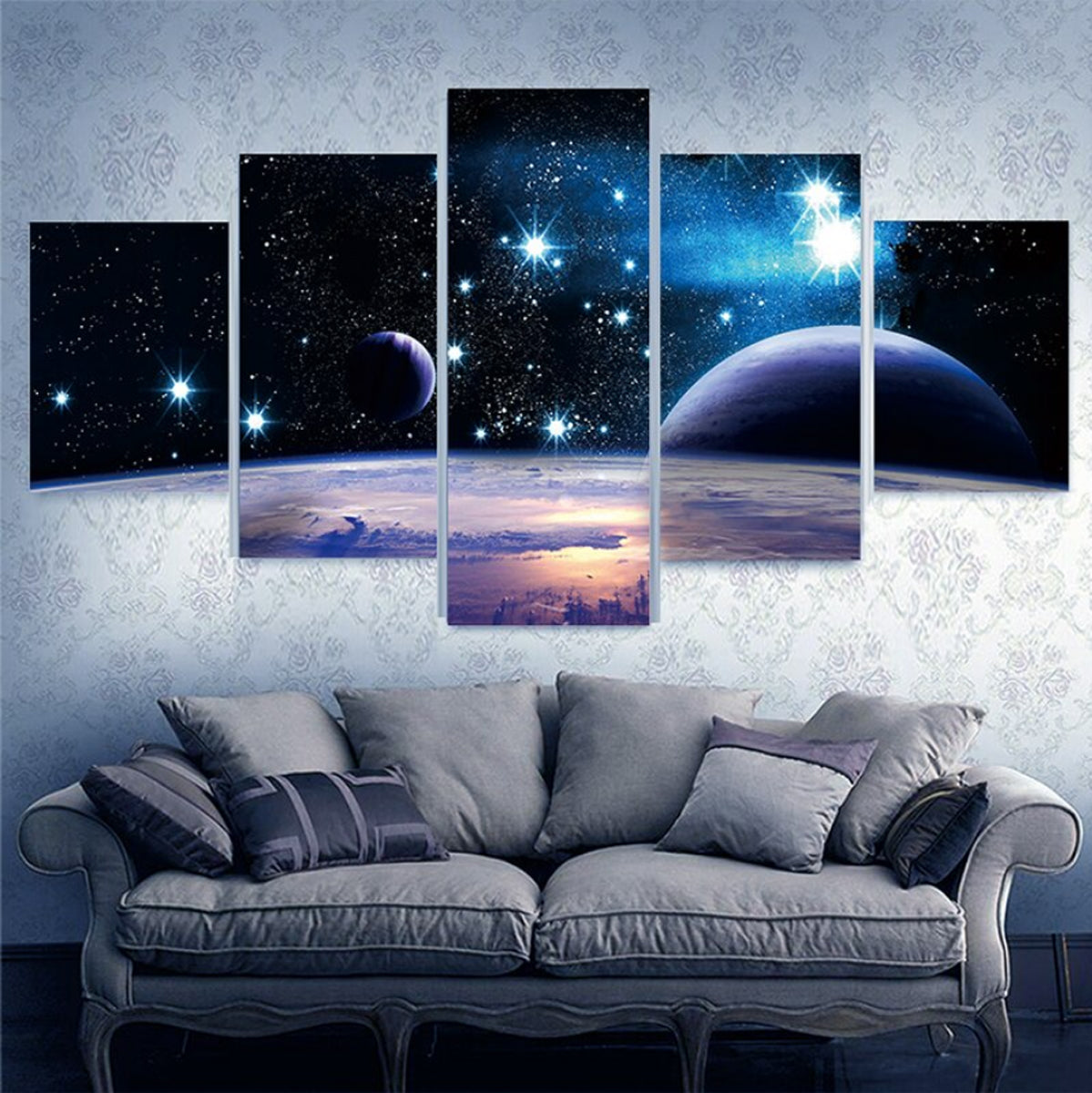 TPFLiving Poster Leinwand / 5 teiliges Wandbild - Universum, Erde, Planeten und Sterne / Verschiedene Größen - OHNE Rahmen - Modell L-032311