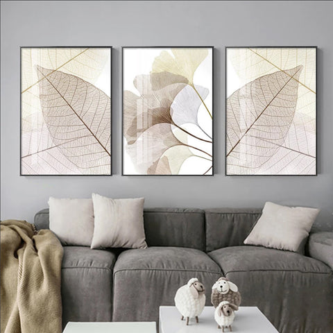 TPFLiving Luxus Poster Leinwand - Ginkgo-Blatt - Beige und Weiß - 15 verschiedene Größen - Günstiges 3-er Set OHNE Rahmen - SET