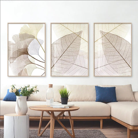 TPFLiving Luxus Poster Leinwand - Ginkgo-Blatt - Beige und Weiß - 15 verschiedene Größen - Günstiges 3-er Set OHNE Rahmen - SET