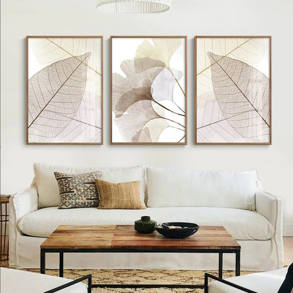 TPFLiving Luxus Poster Leinwand - Ginkgo-Blatt - Beige und Weiß - 15 verschiedene Größen - Günstiges 3-er Set OHNE Rahmen - SET