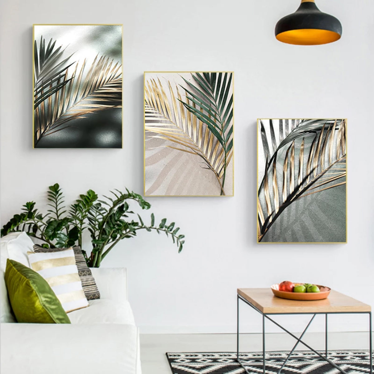 TPFLiving Luxus Poster Leinwand - Goldene Blätter - Beige, Grau, Grün, Gold - 15 verschiedene Größen - Günstiges 3-er Set OHNE Rahmen - SET