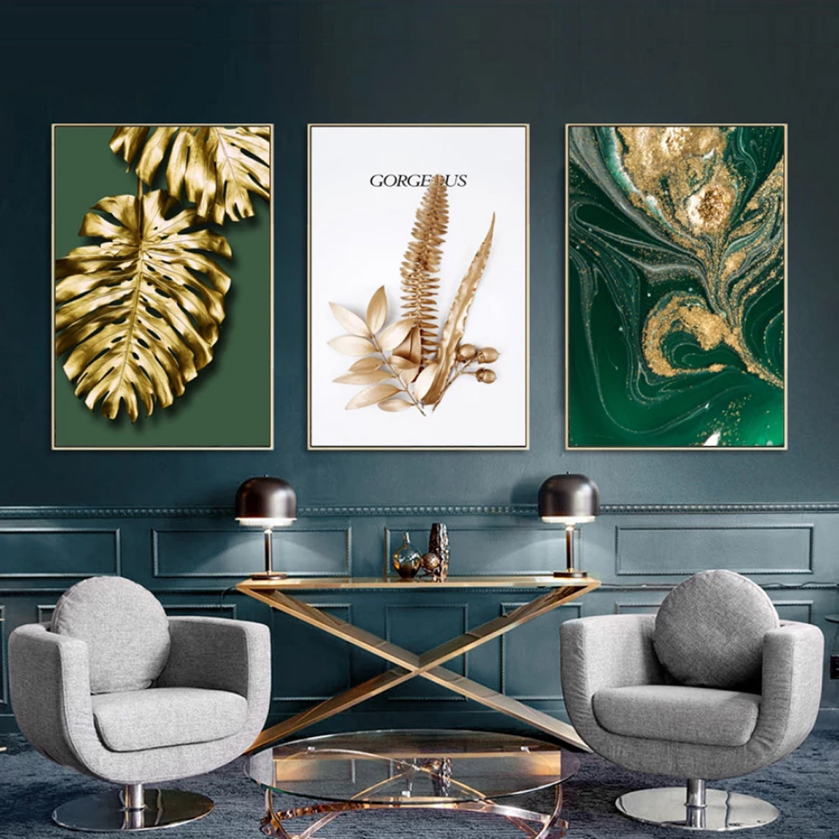 TPFLiving Luxus Poster Leinwand - Goldene Blätter auf grünem und weißem Hintergrund - 7 verschiedene Größen - Günstiges 3-er Set OHNE Rahmen - Modell C