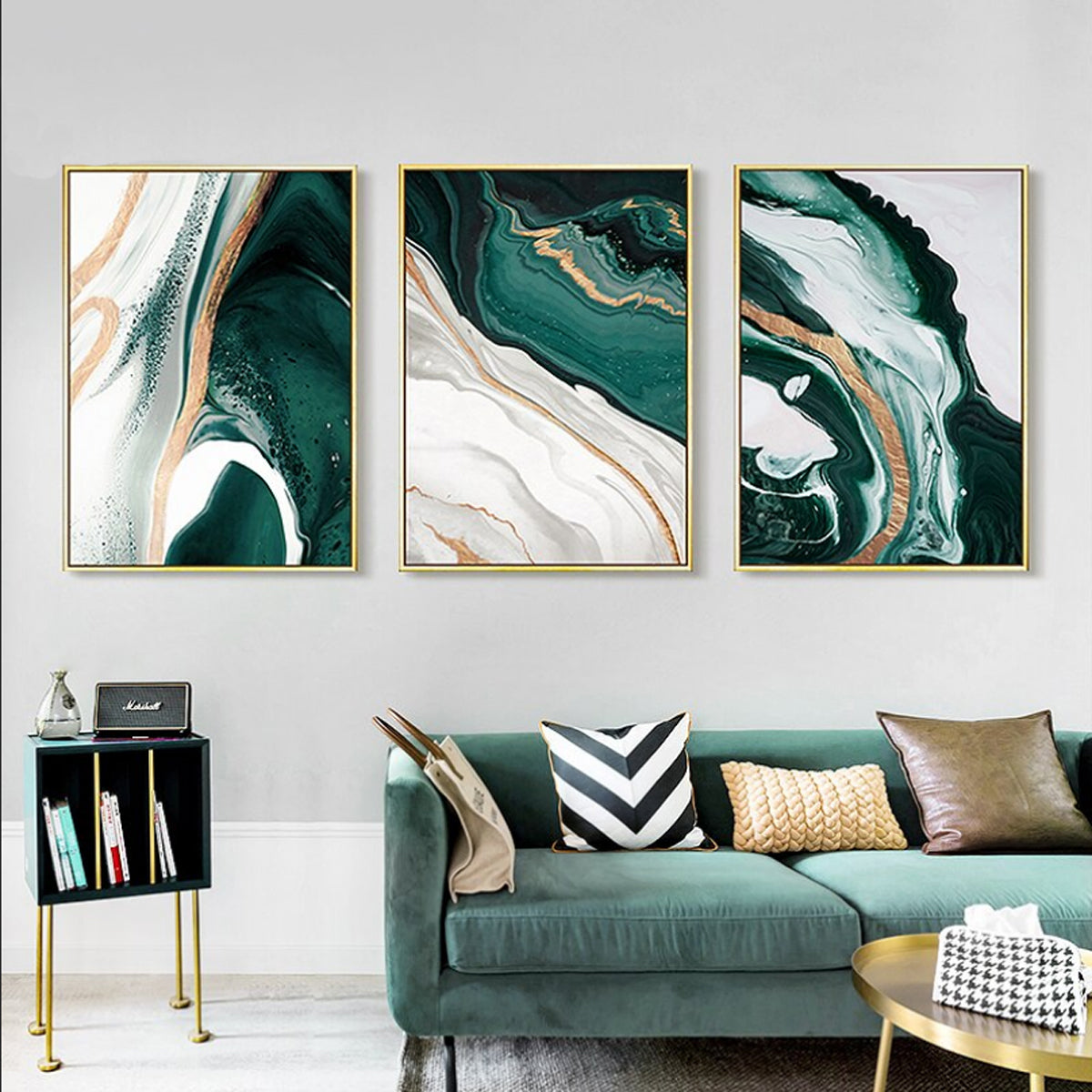 TPFLiving Leinwandbild Kunstdruck - Nordic Art Abstrakte Linien und Formen in Grün, Gold und Weis - OHNE Rahmen - Bilder Wohnzimmer - Modell TPFL-LW-43-MD