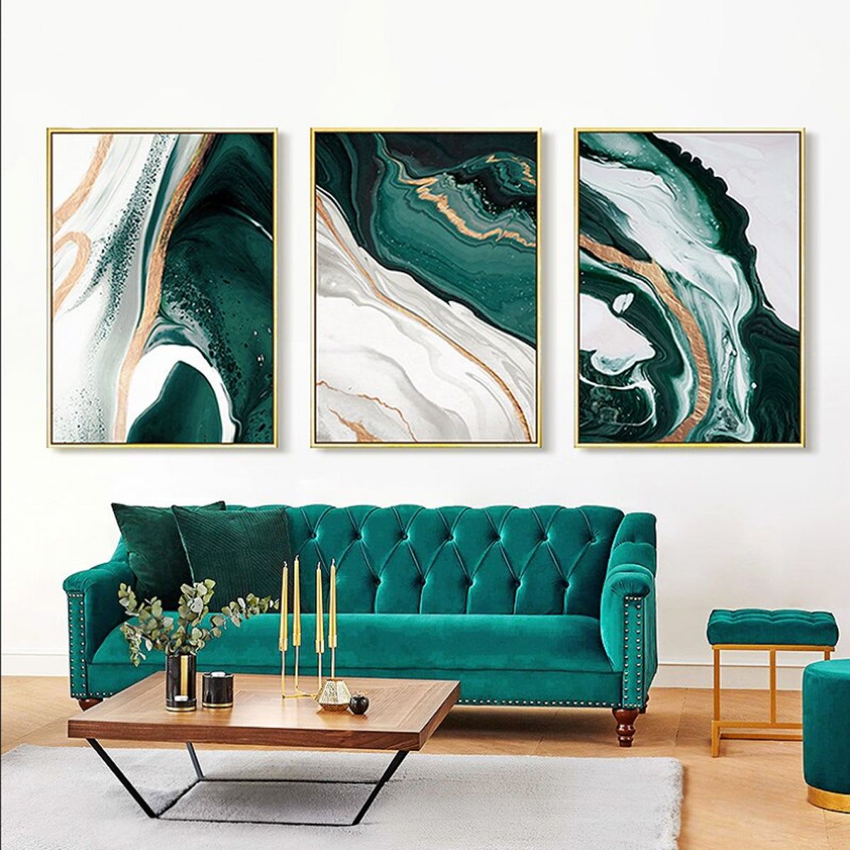 TPFLiving Leinwandbild Kunstdruck - Nordic Art Abstrakte Linien und Formen in Grün, Gold und Weis - OHNE Rahmen - Bilder Wohnzimmer - Modell TPFL-LW-43-MA