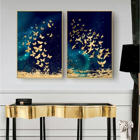 TPFLiving Luxus Poster Leinwand - Goldene Fische und Schmetterlinge auf blauem Hintergrund - 7 verschiedene Größen - Günstiges 3-er Set OHNE Rahmen - Modell B