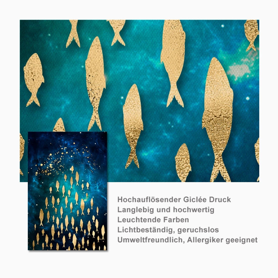 TPFLiving Luxus Poster Leinwand - Goldene Fische und Schmetterlinge auf blauem Hintergrund - 7 verschiedene Größen - Günstiges 3-er Set OHNE Rahmen - Modell B