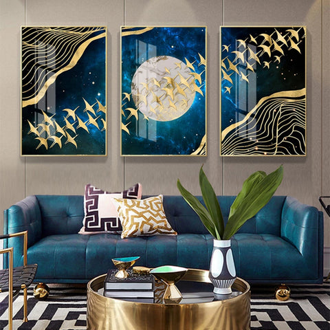 TPFLiving Luxus Poster Leinwand - Goldene Vögel auf blauem Hintergrund - 7 verschiedene Größen - Günstiges 3-er Set OHNE Rahmen - SET