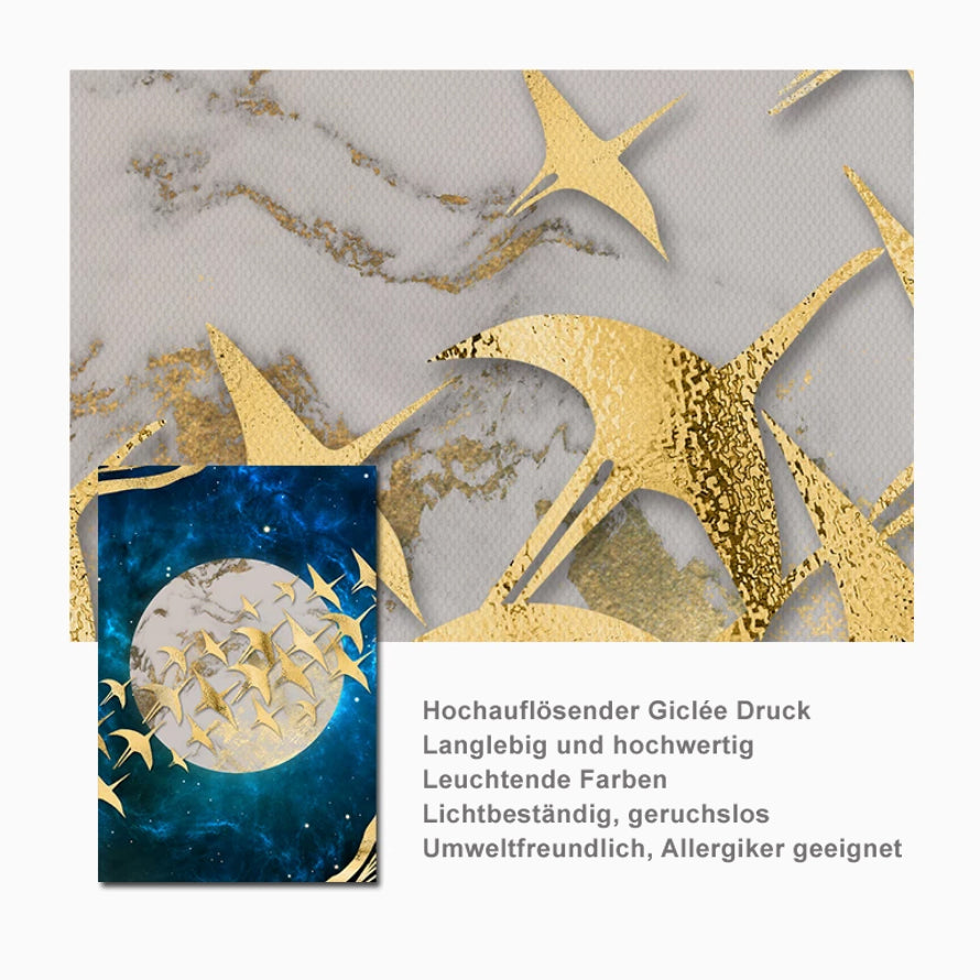 TPFLiving Luxus Poster Leinwand - Goldene Vögel auf blauem Hintergrund - 7 verschiedene Größen - Günstiges 3-er Set OHNE Rahmen - SET