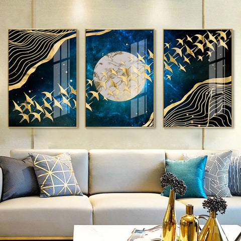 TPFLiving Luxus Poster Leinwand - Goldene Vögel auf blauem Hintergrund - 7 verschiedene Größen - Günstiges 3-er Set OHNE Rahmen - SET