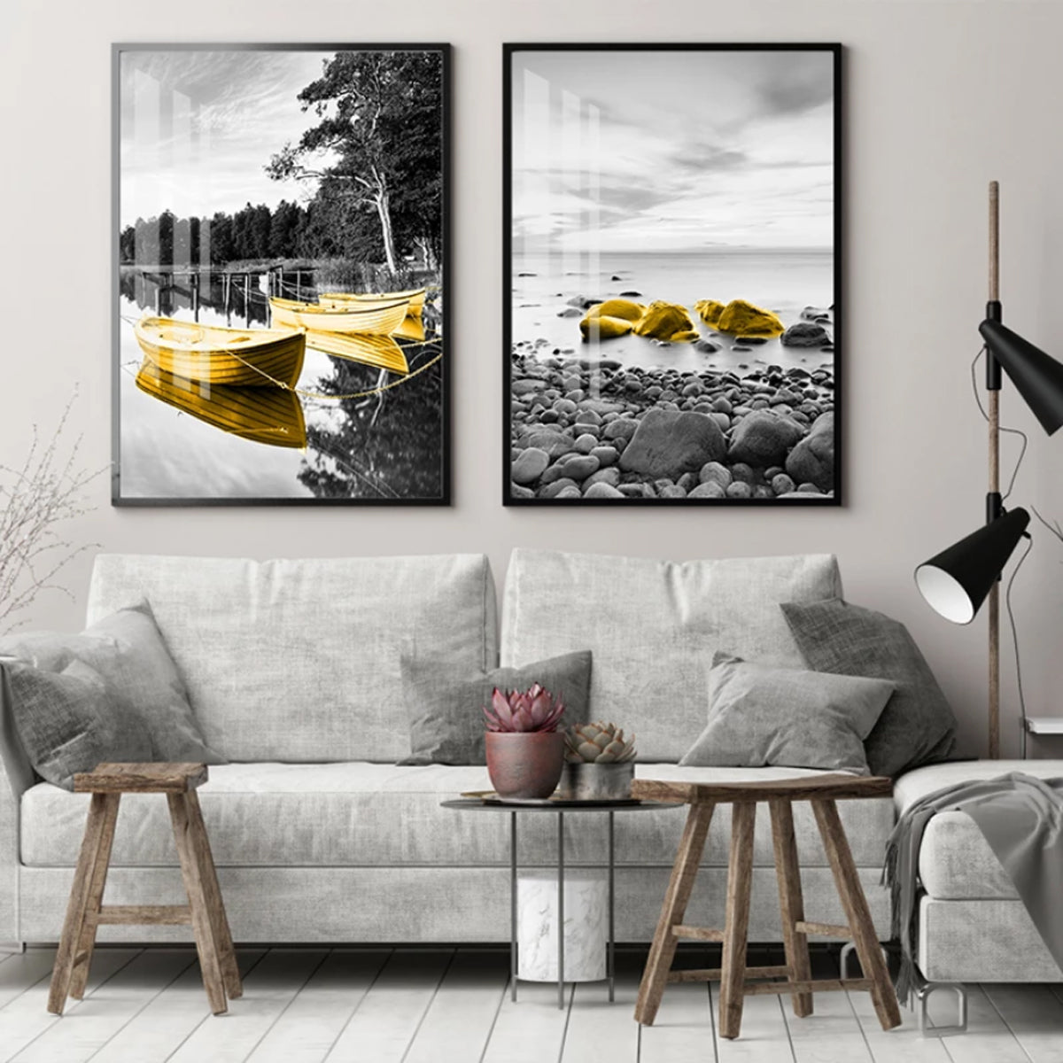 TPFLiving Luxus Poster Leinwand - Gelbe Boote auf grauem Hintergrund - 7 verschiedene Größen - Günstiges 3-er Set OHNE Rahmen - Modell A