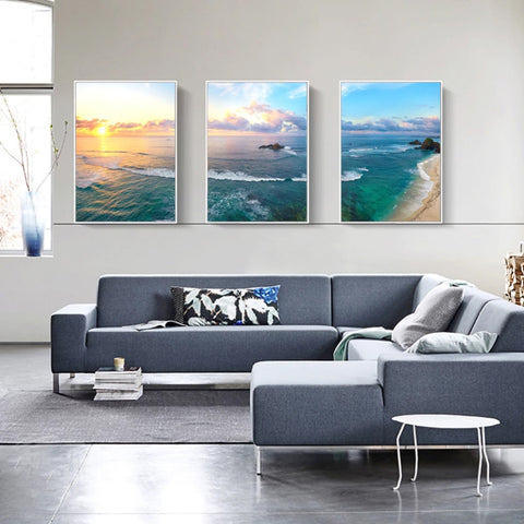 TPFLiving Luxus Poster Leinwand - Romantische Küstenlandschaft - Sonnenuntergang, Strand und Meer - Gelb, Blau, Beeige - 7 verschiedene Größen - Günstiges 3-er Set OHNE Rahmen - SET