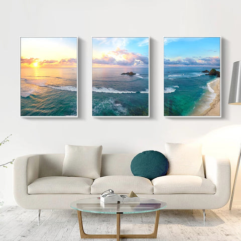 TPFLiving Luxus Poster Leinwand - Romantische Küstenlandschaft - Sonnenuntergang, Strand und Meer - Gelb, Blau, Beeige - 7 verschiedene Größen - Günstiges 3-er Set OHNE Rahmen - SET