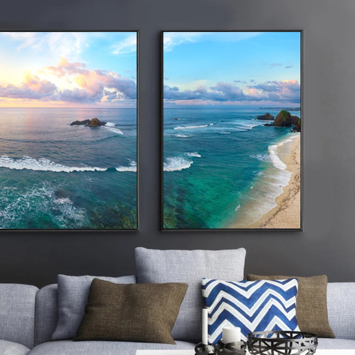 TPFLiving Luxus Poster Leinwand - Romantische Küstenlandschaft - Sonnenuntergang, Strand und Meer - Gelb, Blau, Beeige - 7 verschiedene Größen - Günstiges 3-er Set OHNE Rahmen - SET