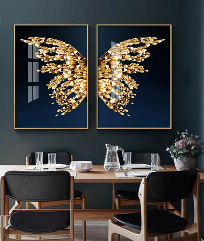 TPFLiving Leinwandbild Kunstdruck - Nordic Art Goldener Schmetterling / Goldene Flügel auf blauem Grund - OHNE Rahmen - Bilder Wohnzimmer - ModellTPFL-LW-46-MApairofwings