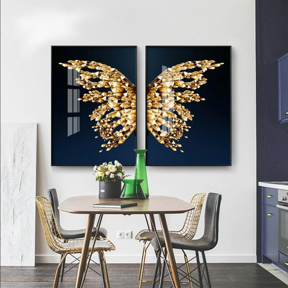 TPFLiving Leinwandbild Kunstdruck - Nordic Art Goldener Schmetterling / Goldene Flügel auf blauem Grund - OHNE Rahmen - Bilder Wohnzimmer - ModellTPFL-LW-46-MApairofwings