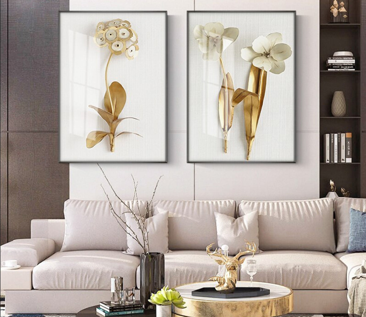 TPFLiving Leinwandbild Kunstdruck - Nordic Art Goldene 3-D Blumen auf weisem Grund - OHNE Rahmen - Bilder Wohnzimmer - Modell TPFL-LW-47-MA