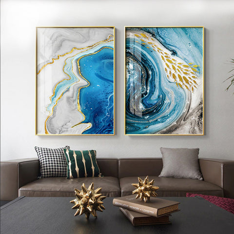 TPFLiving Leinwandbild Kunstdruck - Nordic Art Abstrakte Marmor Struktur in gold, weis und blau - OHNE Rahmen - Bilder Wohnzimmer - Modell TPFL-LW-52-MB