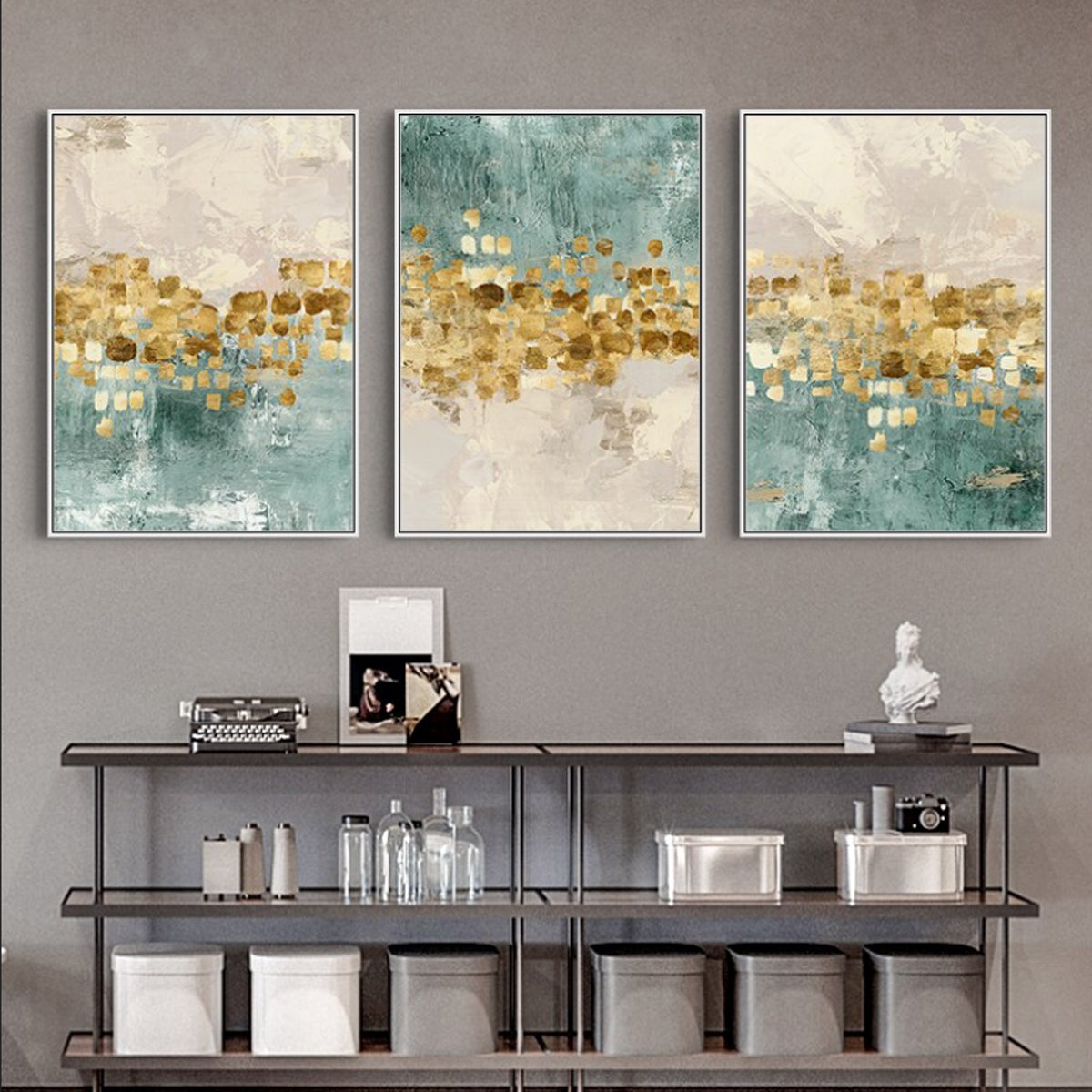 TPFLiving Leinwandbild Kunstdruck - Nordic Art Abstrakte Motive in Gold, Grün und Beige - OHNE Rahmen - Bilder Wohnzimmer - Modell TPFL-LW-61-MC