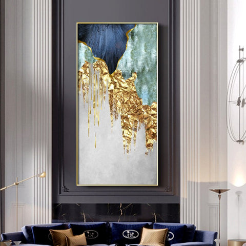 TPFLiving Leinwandbild Kunstdruck - Nordic Art Abstrakte Strukturen Blau, Gold, Grau und Beige - OHNE Rahmen - Bilder Wohnzimmer - Modell TPFL-LW-62-MA