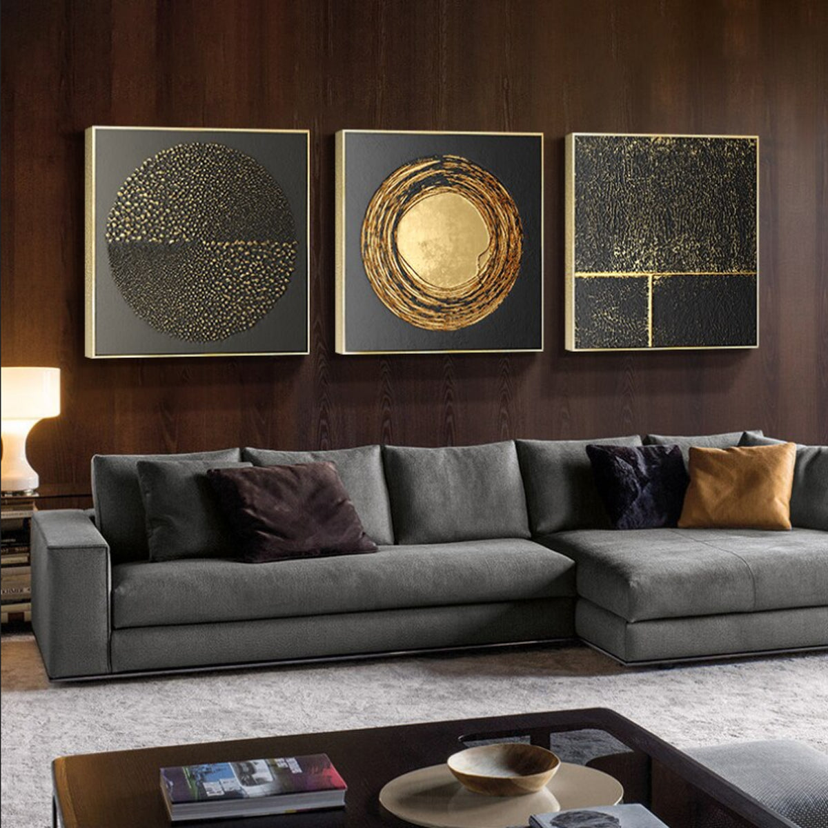 TPFLiving Leinwandbild Kunstdruck - Nordic Art Abstrakte Quatrate in Gold und Schwarz - OHNE Rahmen - Bilder Wohnzimmer - Modell TPFL-LW-66-MH