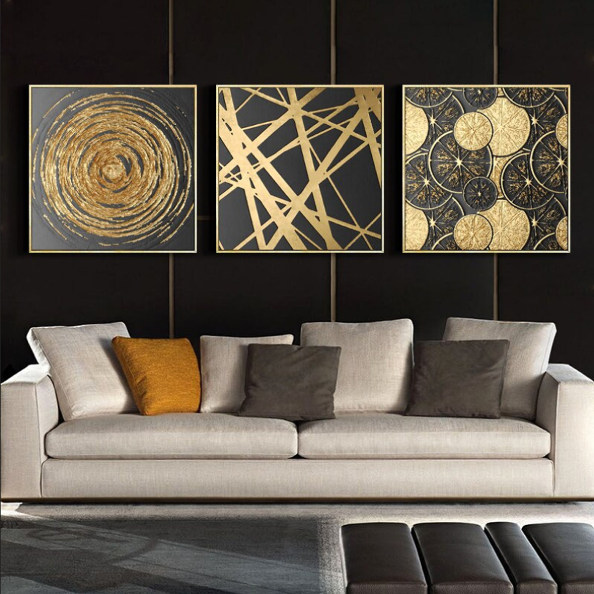 TPFLiving Leinwandbild Kunstdruck - Nordic Art Abstrakte Quatrate in Gold und Schwarz - OHNE Rahmen - Bilder Wohnzimmer - Modell TPFL-LW-66-MC