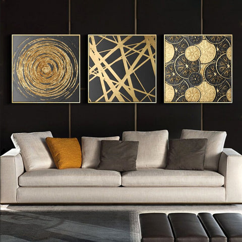 TPFLiving Leinwandbild Kunstdruck - Nordic Art Abstrakte Quatrate in Gold und Schwarz - OHNE Rahmen - Bilder Wohnzimmer - Modell TPFL-LW-66-MF